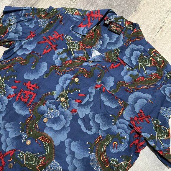 VTG Red Dragon By Kennington Hawaiian Shirt Blue Woody Wagon Surf Loop Collar L - Picture 3 of 5